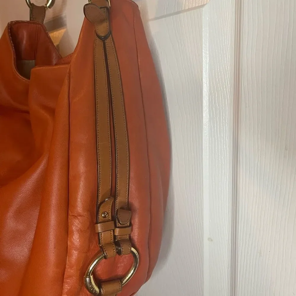 Lauren Ralph Lauren Large Leather Orange Red Hobo Bag Brown strap and trims.